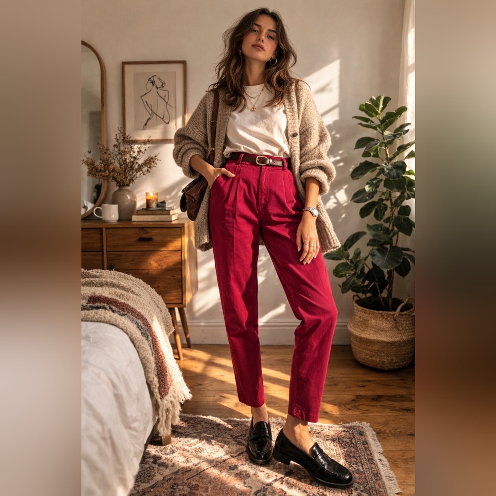Vintage 90s High Waisted Cranberry Red Tailored Trousers 26”/XS 100% Cotton